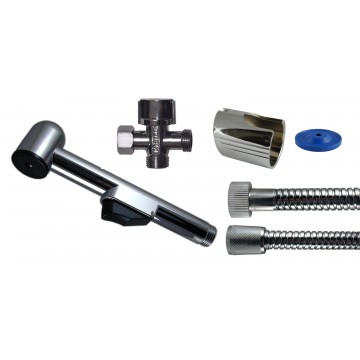 Kit hygiène WC : douchette laiton + flexible inox + raccord 3 voie