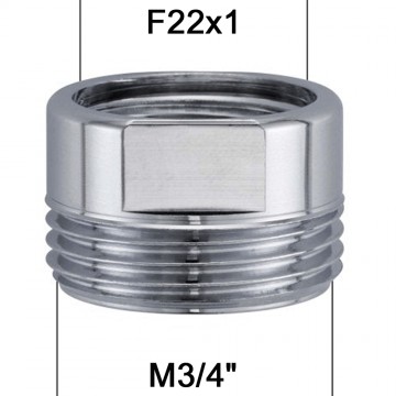 Adaptateur Robinet - Laiton Chromé Hexagonal - F22x100 à M3/4 + joint NBR 22x1